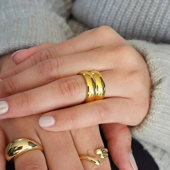 Size 7 Gold Plated Stainless Steel Wide Double Band Chunky Ring - Picture 2 of 15